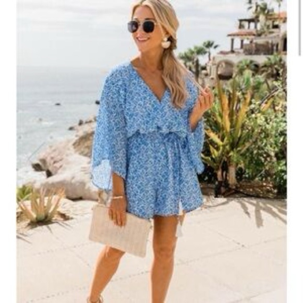 Pink Lily Blue Floral Romper